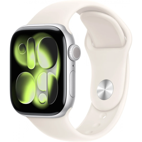 Apple Watch Series 11 42 мм (алюминиевый корпус, серебристый/звездный свет, спортивный силиконовый ремешок)
