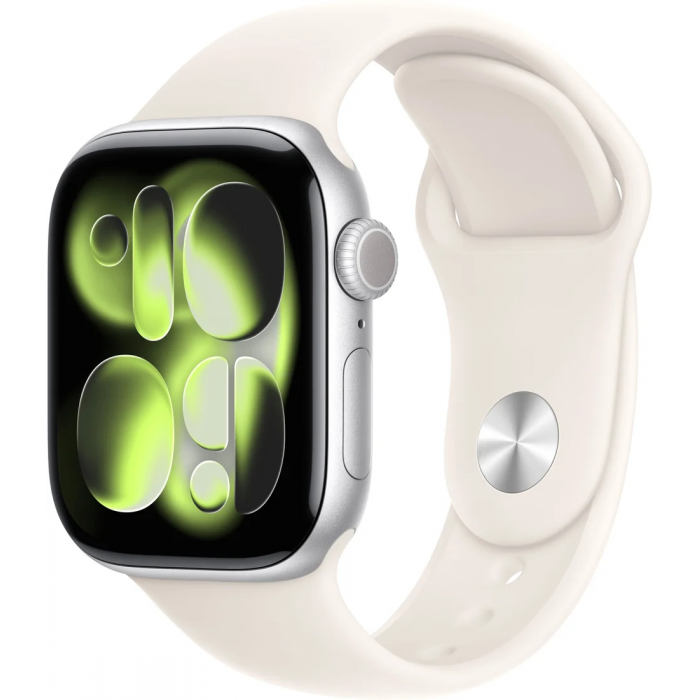 Apple Watch Series 11 42 мм (алюминиевый корпус, серебристый/звездный свет, спортивный силиконовый ремешок)